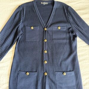 St. John Deep Blue Knit Cardigan with Gold Accents